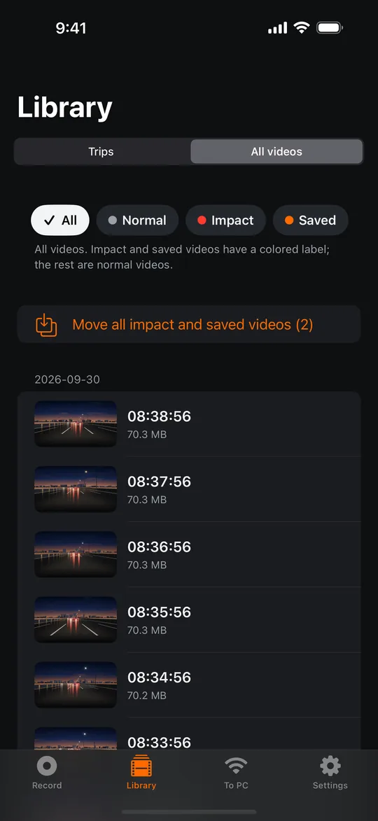Library: clips by date with Normal, Impact and Saved filters