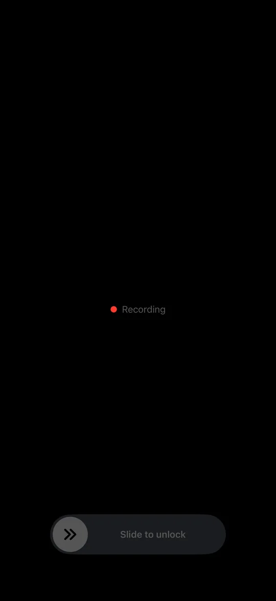 Black screen mode: the display stays dark and a small Recording label stays visible